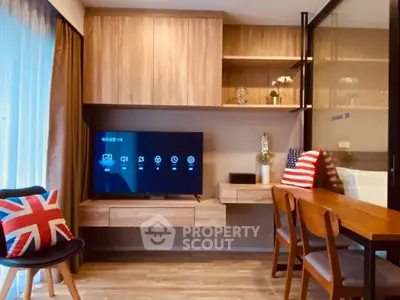 Modern living room with stylish wooden furniture and cozy decor