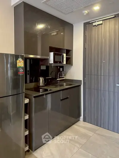 Modern compact kitchen with sleek cabinetry and stainless steel appliances in a stylish apartment.