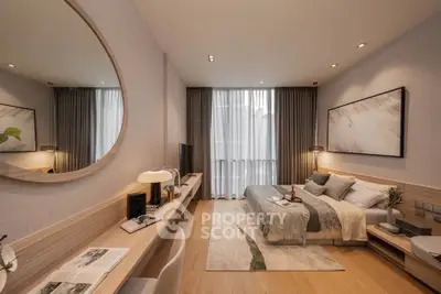 Luxurious modern bedroom with elegant decor and large window view.