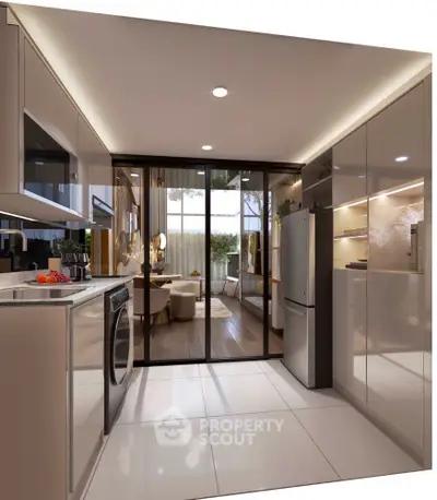 Modern kitchen with sleek appliances and open layout leading to stylish living area.