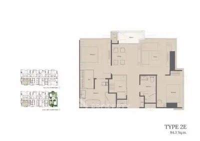 Spacious Type 2E floor plan with three bedrooms and balcony, ideal for modern living.