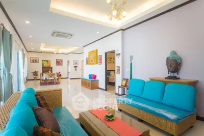 Spacious living room with vibrant decor and modern furnishings