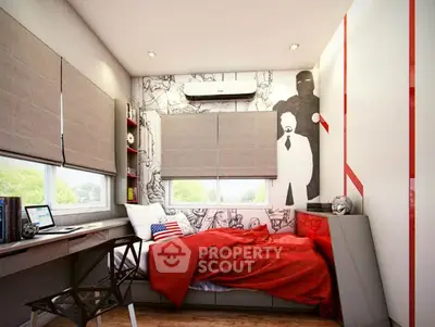 Stylish modern bedroom with unique wall art and cozy red bedding