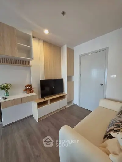 Modern living room with stylish wooden furniture and cozy ambiance