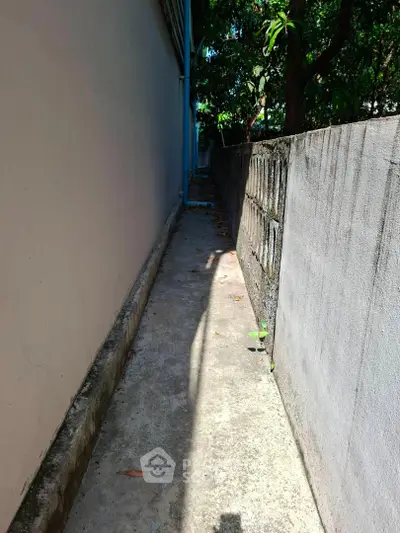Narrow outdoor pathway beside a building with concrete walls and lush greenery.