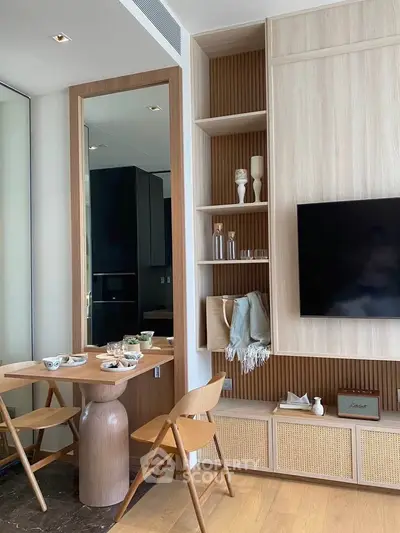 Modern living room with stylish wooden furniture and wall-mounted TV