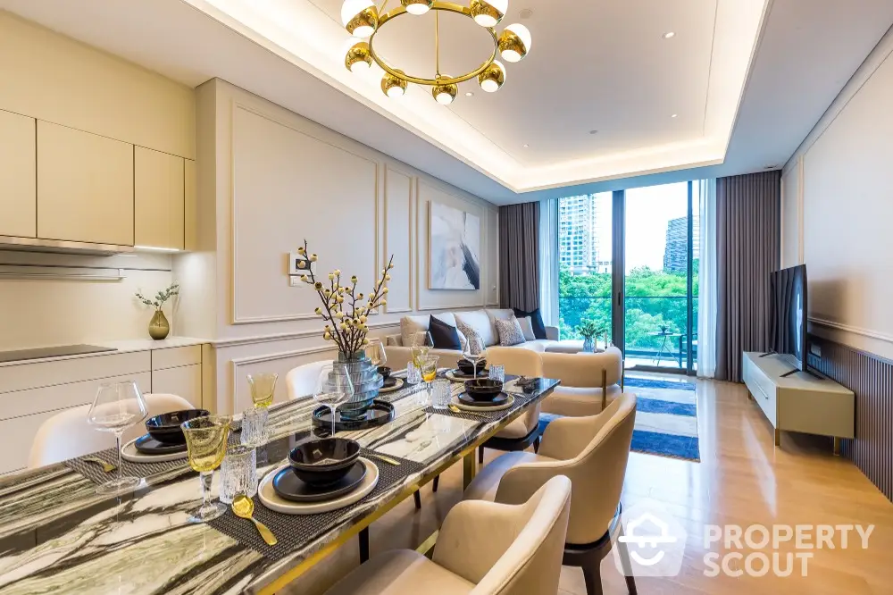 Luxurious modern living room with elegant dining area and city view balcony.