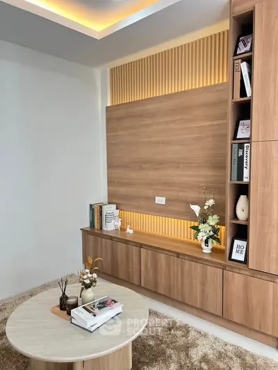 Modern living room with stylish wooden cabinetry and cozy decor
