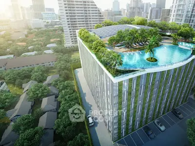 Stunning rooftop pool on modern building with lush greenery and cityscape views.