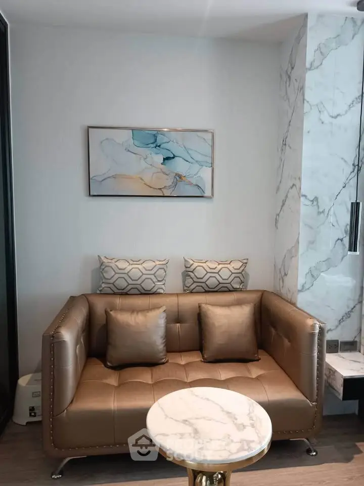 Luxurious living room with elegant leather sofa and marble accents