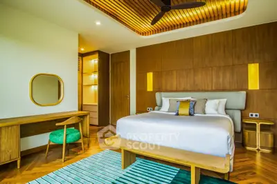 Luxurious modern bedroom with wooden accents and stylish decor