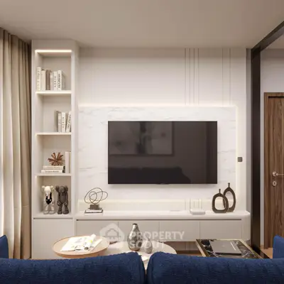 Modern living room with stylish decor and wall-mounted TV, featuring elegant shelving and contemporary furniture.