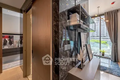 Luxurious modern apartment interior with stylish decor and city view balcony.