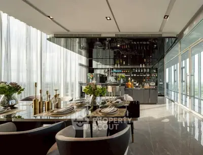 Luxurious modern dining area with panoramic views and elegant decor in high-rise apartment.