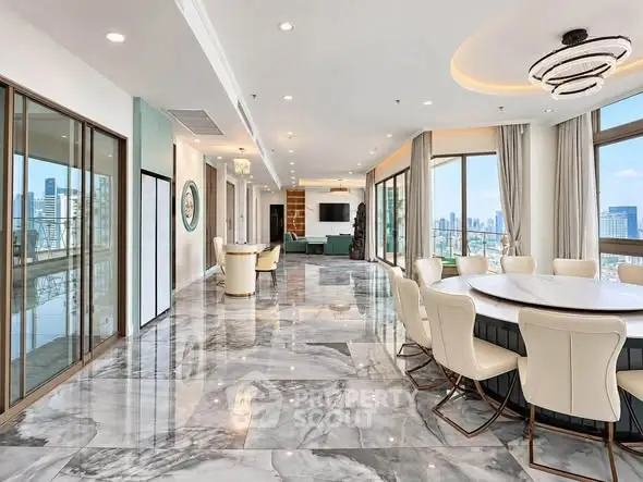 Luxurious open-plan living and dining area with stunning city views and elegant marble flooring.