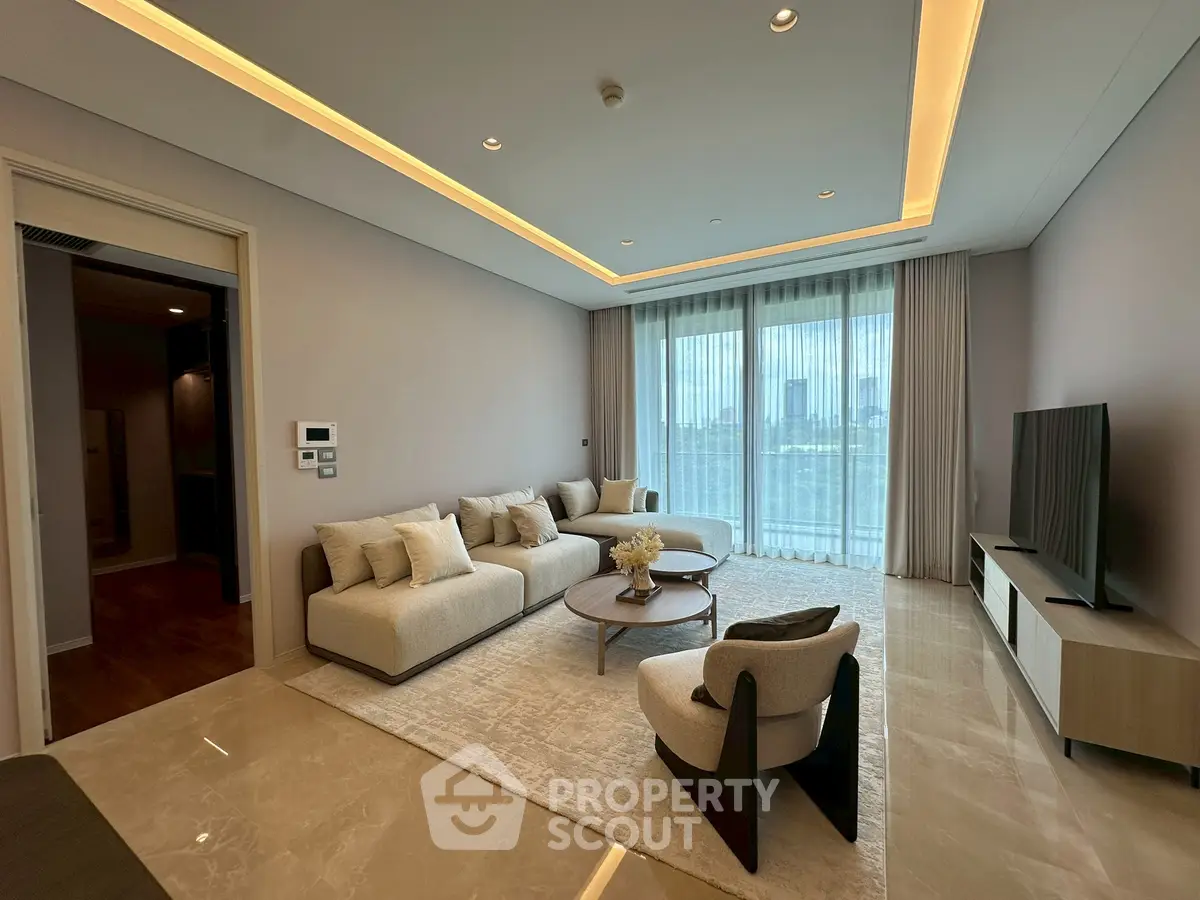 Luxurious modern living room with elegant furniture and city view