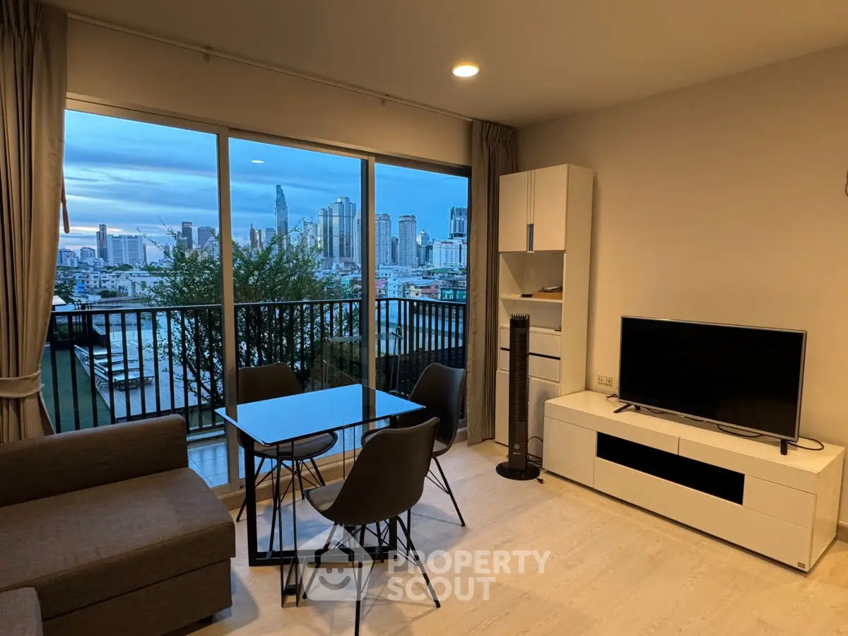 Modern living room with city view, stylish furniture, and large windows.