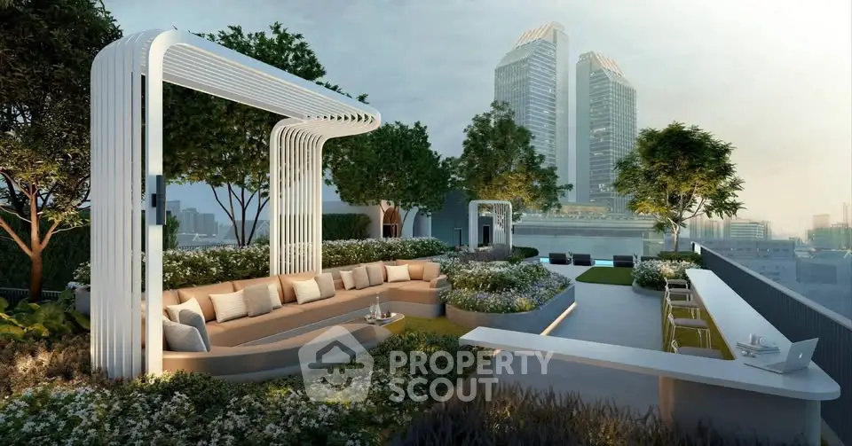 Luxurious rooftop garden with modern seating and stunning city views, perfect for relaxation and entertainment.
