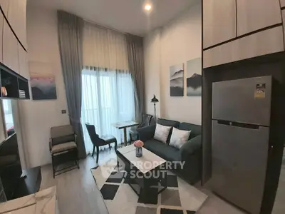 Modern living room with high ceiling and stylish decor