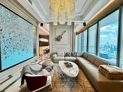 Luxurious living room with panoramic city views and elegant decor