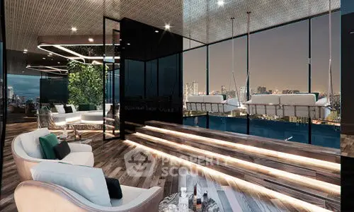 Luxurious modern living room with stunning city view and elegant decor