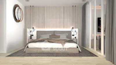 Luxurious modern bedroom with elegant decor and ambient lighting