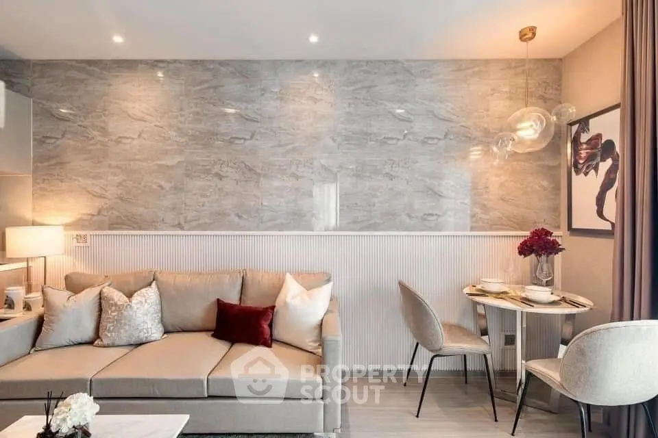 Modern living room with elegant decor and cozy seating area