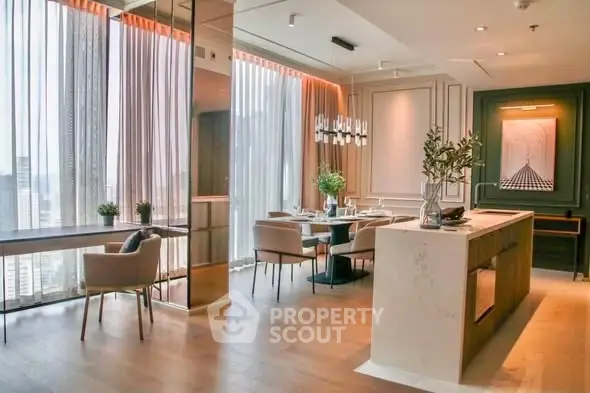 Luxurious modern dining area with floor-to-ceiling windows and elegant decor.