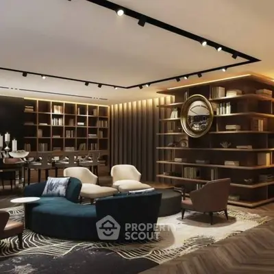 Luxurious modern living room with elegant furniture and stylish bookshelf