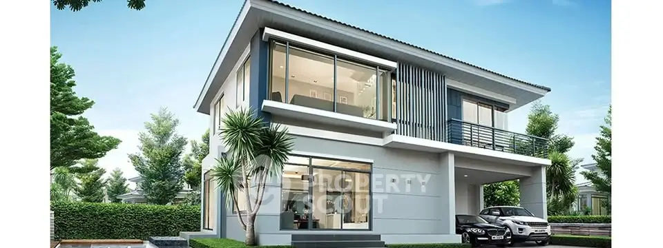 Modern two-story house with large windows and carport in a lush green neighborhood.