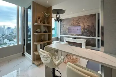 Luxurious modern living room with city view and elegant decor