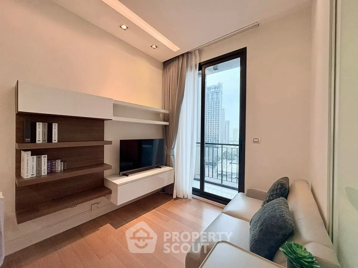 Modern living room with sleek design and city view balcony