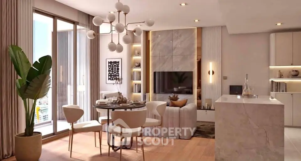 Luxurious open-plan living room with elegant dining area and modern decor, featuring floor-to-ceiling windows and stylish lighting.