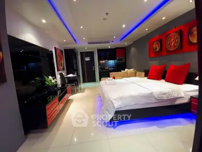 Luxurious modern bedroom with ambient lighting and stylish decor