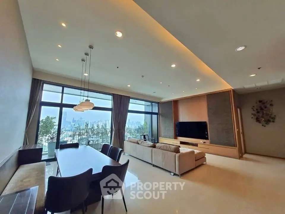 Luxurious living room with panoramic city view and elegant dining area