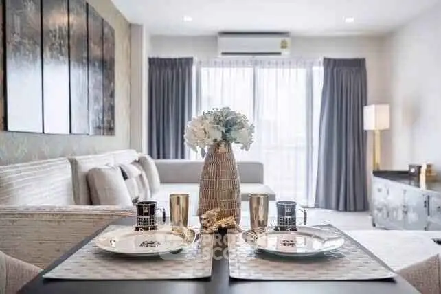 Elegant modern living room with stylish dining setup and natural light