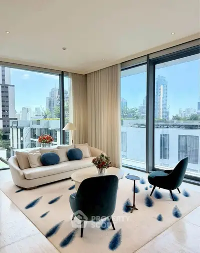 Luxurious modern living room with panoramic city views and elegant furnishings.