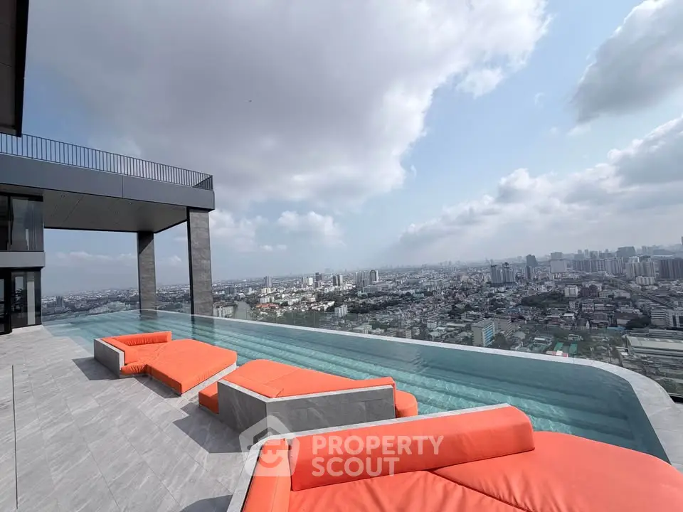 Luxurious rooftop infinity pool with stunning city skyline view and modern seating area.