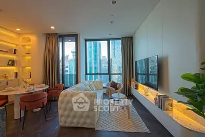 Luxurious modern living room with city view, elegant furniture, and stylish decor.