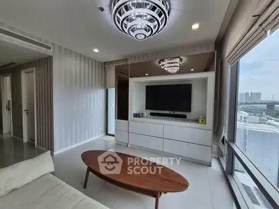 Modern living room with chic chandelier and city view