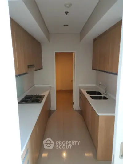 Modern kitchen with sleek cabinetry and dual sinks in a narrow layout