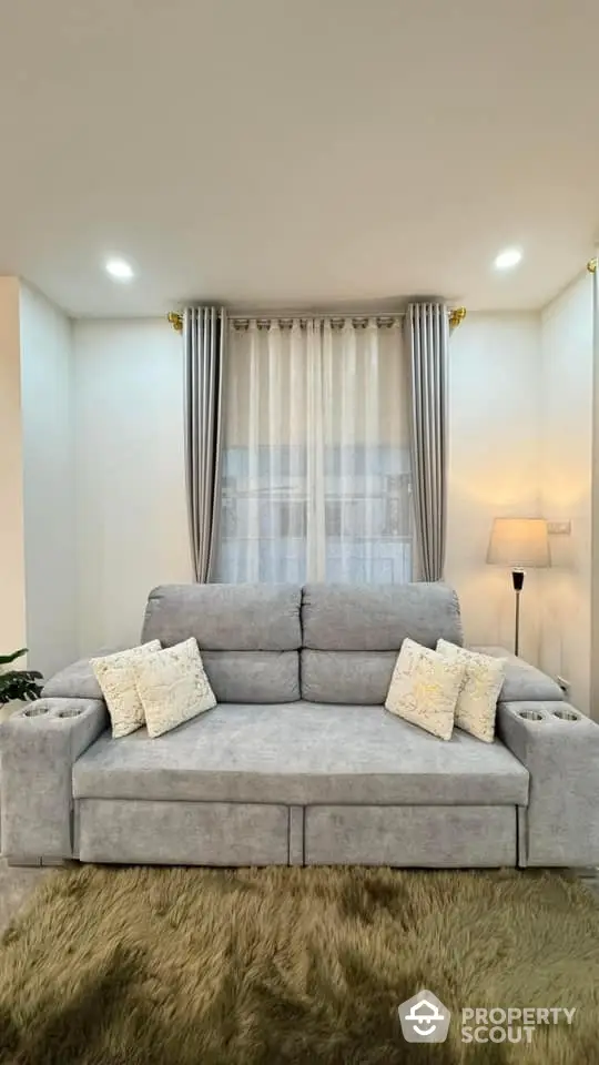 Elegant living room with plush gray sofa, chic curtains, and a luxurious shaggy rug, creating a cozy and stylish atmosphere.