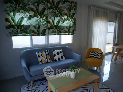 Stylish living room with modern decor and vibrant patterned curtains