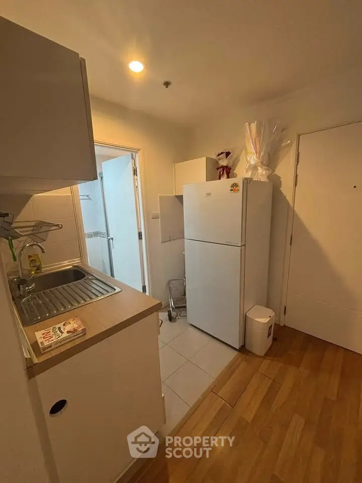 Compact kitchen with fridge and sink in cozy apartment