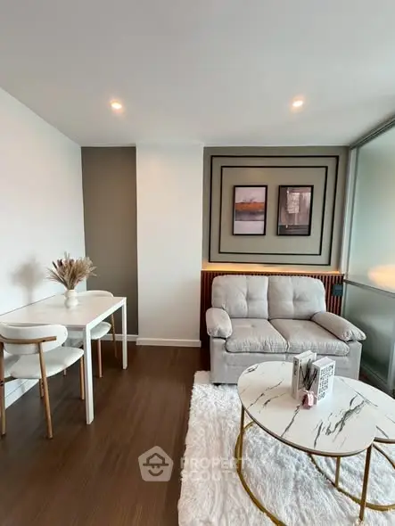 Modern living room with stylish decor and cozy seating area