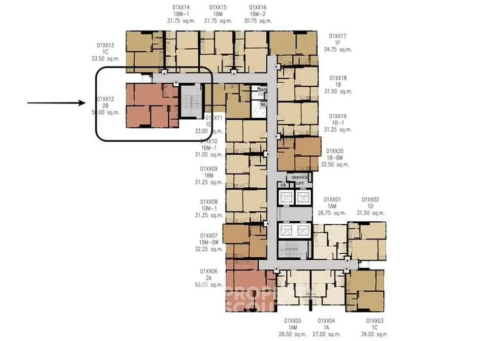 Detailed floor plan showcasing apartment layout with dimensions and unit numbers.