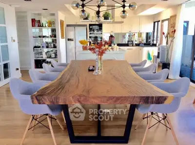 Stunning dining area with modern wooden table and elegant chairs in open kitchen layout.