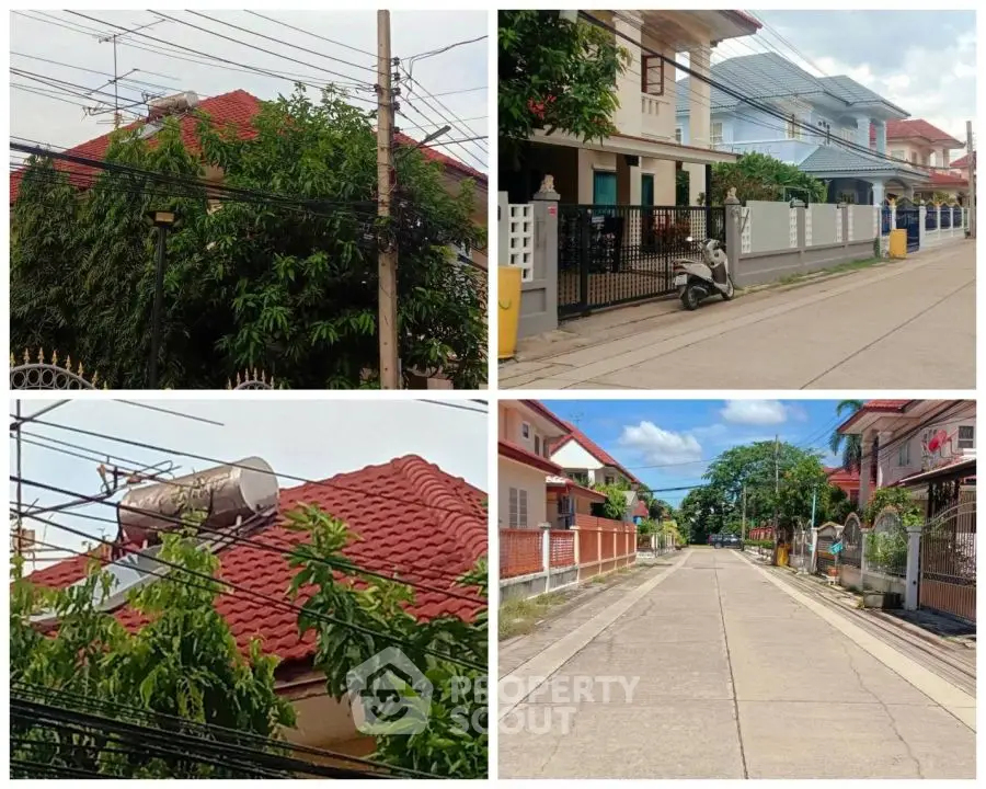 Charming suburban neighborhood with red-roofed houses and tree-lined streets.