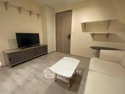 Cozy modern living room with sleek furniture and wall-mounted shelves