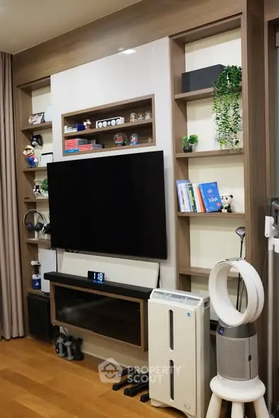 Modern living room with sleek entertainment center and stylish decor